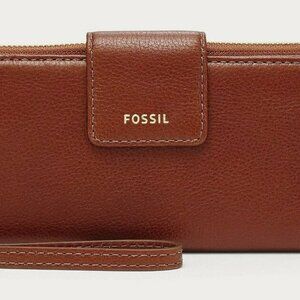 Fossil Madison Zip Clutch Leather Wallet w/ Wristlet Strap - Medium Brown - NWT